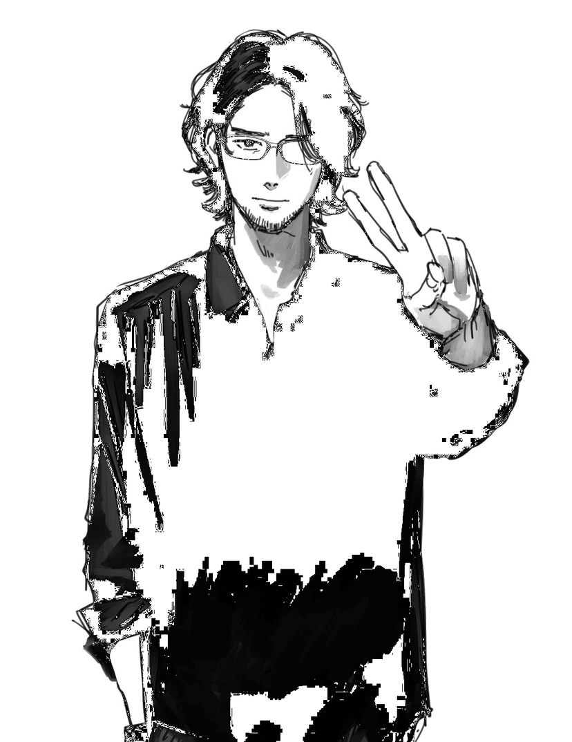 Character illustration showing a person with glasses making a peace sign